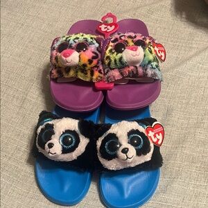 Kids Plush Slide Sandals - Purple & Blue with Plush Animal Faces